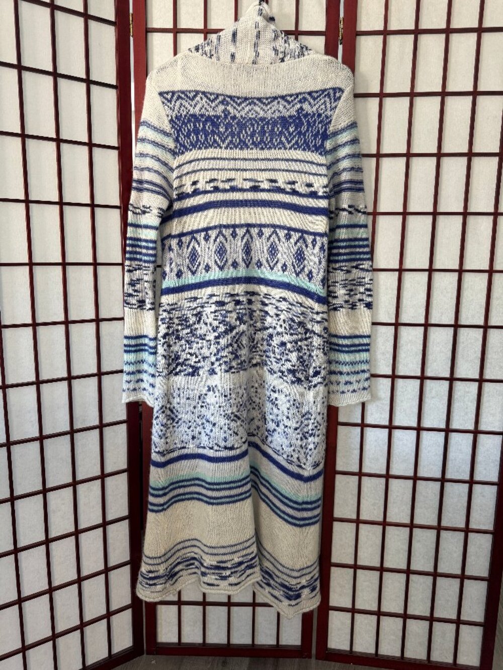 Love Stitch Striped Long Womens Cardigan Sweater Open Front Wool M/L Cozy Comfy